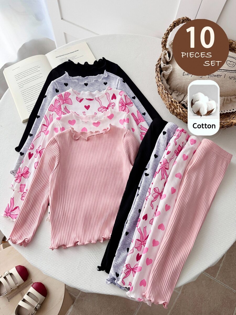 SHEIN LMoss Kids Baby Girl Knit Solid Color Polka Dot Striped Heart Pattern Ruffle Trim T-Shirt And Long Pants 10pcs -Piece Set - Multicolor - View 1