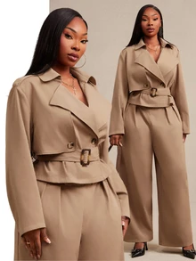 SHEIN SXY Plus Size Women's Solid Color Long Sleeve Jacket And Wide Leg Pants Casual Suit 2 Pieces Set - Khaki - View 1
