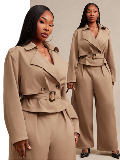 SHEIN SXY Дамски небрежен костюм от 2 части голям размер, едноцветен, с яке с дълъг ръкав и широки панталони