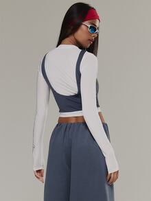 Musera Sport Double Layered Graphic Printed Crewneck Long Sleeve Cropped Top Active Outdoors Workout Gym Terra Peak - Blue - View 5