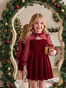 Young Girls Velvet Mesh Long Sleeve Dress, Bow Neck Cutout A-Line Flared Dress, Red Princess Party B - Red - View 3