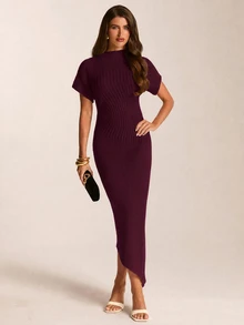 SHEIN BAE Korean Style Elegant Ribbed Knit Asymmetrical Bodycon Dress For Women Summer Slimming Fitted Stretch Body-Hugging Base Brunch Tea Party Off-White - Purple - View 1