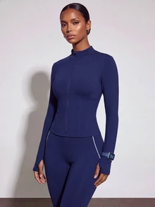 Zivah Women's Solid Color Zip-Up Long Sleeve Top And Leggings Casual Daily Sports Set - Blue - View 3