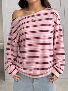 SHEIN EZwear 女款寬鬆不對稱肩粉色與棕色條紋運動衫，學院風返校季，休閒極簡運動街頭風，百搭派對聚會機場穿搭 Y2K 上衣，女款秋季服飾，秋季穿搭，女款通勤穿搭，百搭上衣，外出穿搭，機場穿搭 - 彩色 - 查看 3