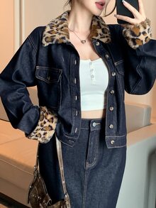 DAZY Women's Leopard Print Contrast Color Long Sleeve Jacket And Skirt Casual Denim Set - Dark Wash - View 3