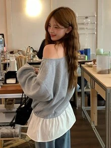 Dazy Tall Women's Korean Style Long Sleeve Patchwork Hem 2 In 1 Sweatshirt - Grey - View 2