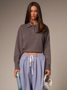 Athîral Women's Casual Button Half-Placket Polo Collar Sweater - Coffee Brown - View 6