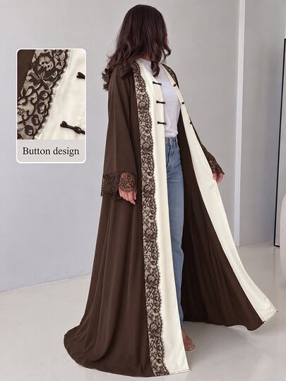 Yasmyna Bata larga para mujer de primavera, verano y otoño, con encaje de pestañas, botones de rana, cuello en V, estilo elegante, intelectual y versátil, efecto estilizante, para citas y uso diario