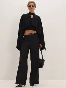 MUSEYN Black Woven Asymmetric Lace Trim Strap Detail Trousers Versatile Everyday Casual Chic New Season Fall - Black - View 1