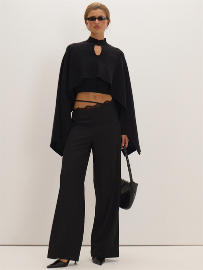 MUSEYN Black Woven Asymmetric Lace Trim Strap Detail Trousers Versatile Everyday Casual Chic New Season Fall