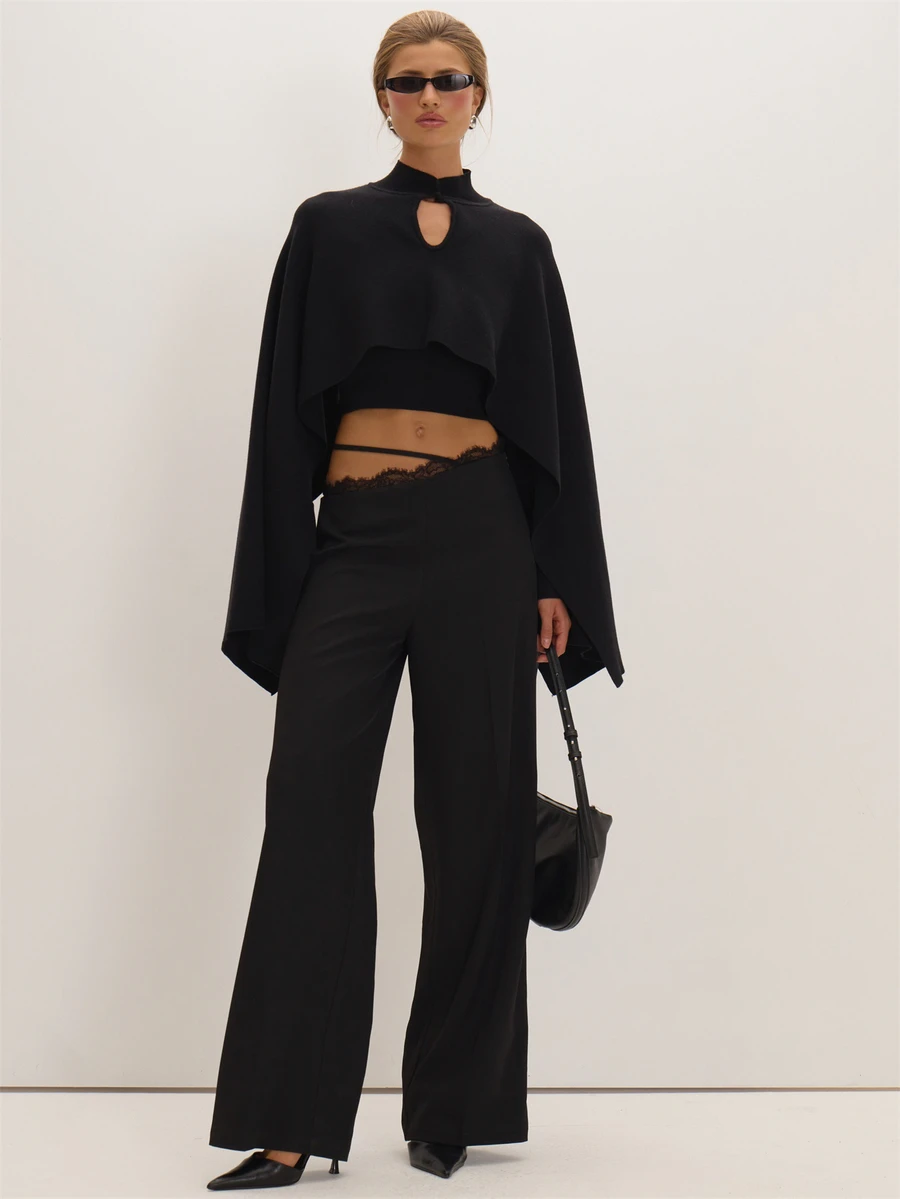 MUSEYN Black Woven Asymmetric Lace Trim Strap Detail Trousers Versatile Everyday Casual Chic New Season Fall - Black - View 1
