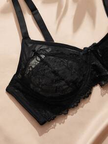 Charlaine 1pc Lace Patchwork Plus Size Underwire Bra - Black - View 4