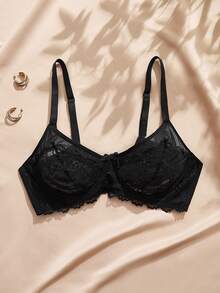 Charlaine 1pc Lace Patchwork Plus Size Underwire Bra - Black - View 3