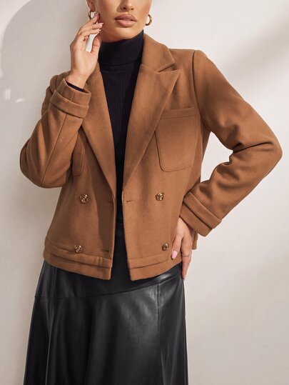 Uhlyne Uhlyne Women's Vintage Brown Tweed Short Blazer, Lapel Double-Breasted Short Jacket With Metal Buttons, Loose Long Sleeve Blended Fabric Outerwear, Retro French Street Style Elegant Crop Top, Casual Commute Everyday Wear, Autumn Winter Fashion Tweed Short Jacket
