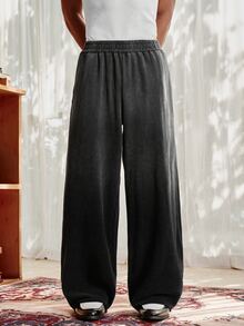 SWAVVY Men's Casual Loose Long Pants, Spring/Autumn/Summer, Standard Size, Embroidered Black Snow Wash - Black - View 4