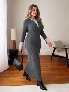 Vionelle Plus Size Autumn/Winter Fitted Knit Long Dress, Colorblock Round Neck Half-Button Flare Sleeve Bodycon Sweater Dress Formal Holiday Grey Casual Baggy - Grey - View 6
