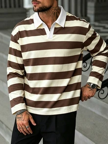 Manfinity Dauomo Casual Men's Striped Long Sleeve Commuter Polo Shirt - Brown - View 4