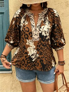 Linhara Fashion Casual Vacation Vintage Elegant Commute 3/4 Sleeve Blue Printed Blouse - Multicolor - View 5