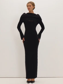 MUSEYN Black Soft Long Sleeve Cape Overlay Maxi Dress Versatile Everyday Casual Chic New Season Fall - Black - View 5