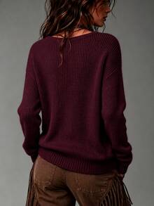 SHEIN New Spring Fall Korean Lazy Textured Knit V Neck Jumper Women Long Sleeve Loose Fit Short Length Casual - Burgundy - View 2
