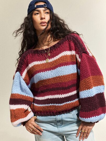 SoleilVie Camisola larga de senhora para outono/inverno, às riscas, com ombros caídos e manga comprida
