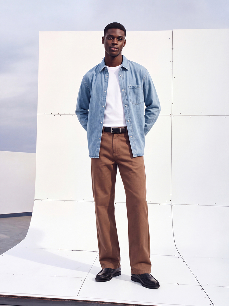 Colvenic Men's Mid-Waist Wide Leg Twill Casual Pants, Khaki Brown Loose Straight Leg Casual Cargo Long Pants - Khaki - View 5