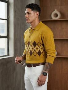 Manfinity Homme Men's Turn-Down Collar Button Half-Placket Long Sleeve Sweater - Mustard Yellow - View 1