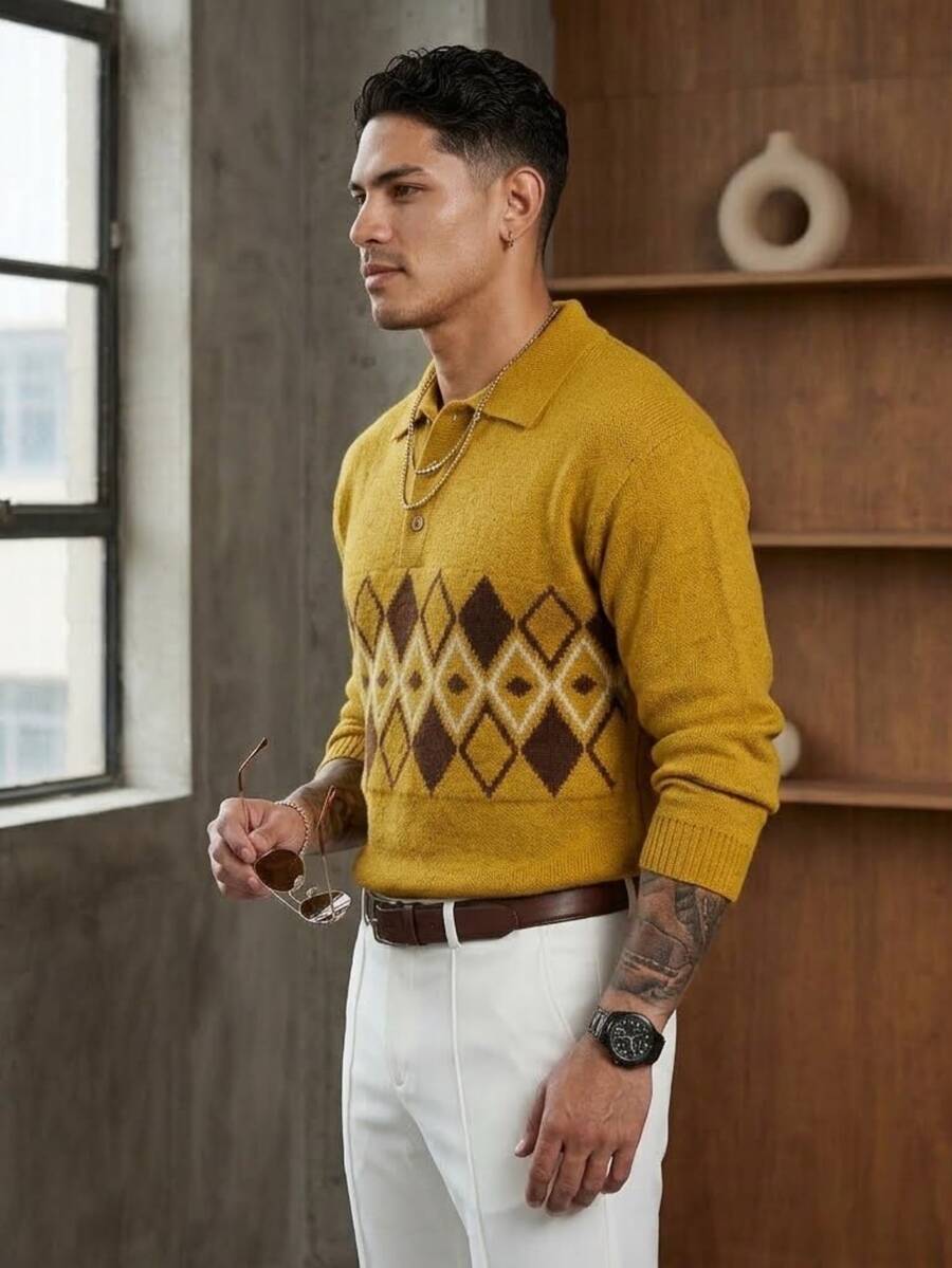 Manfinity Homme Men's Turn-Down Collar Button Half-Placket Long Sleeve Sweater - Mustard Yellow - View 1