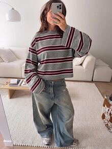 SHEIN EZwear 海外長袖草莓巧克力條紋上衣，秋季襯衫，適合日常通勤、派對、秋冬春夏、聖誕節、新年、感恩節、派對、婚禮、海灘、畢業典禮、優雅、外出、約會、通勤、情人節、優雅、度假、Y2K、畢業典禮等場合 - 彩色 - 查看 6