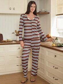 Doze Lane Striped Print Button-Up Long Sleeve Cardigan & Long Pants Women's Pajama Set - Multicolor - View 5