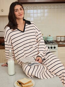 Doze Lane Set Piyama Wanita Ukuran Besar Motif Garis-Garis Bergaris dengan Warna Kontras, Pakaian Santai Kasual - Aprikot - View 8