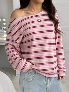 SHEIN EZwear 女款寬鬆不對稱肩粉色與棕色條紋運動衫，學院風返校季，休閒極簡運動街頭風，百搭派對聚會機場穿搭 Y2K 上衣，女款秋季服飾，秋季穿搭，女款通勤穿搭，百搭上衣，外出穿搭，機場穿搭 - 彩色 - 查看 4