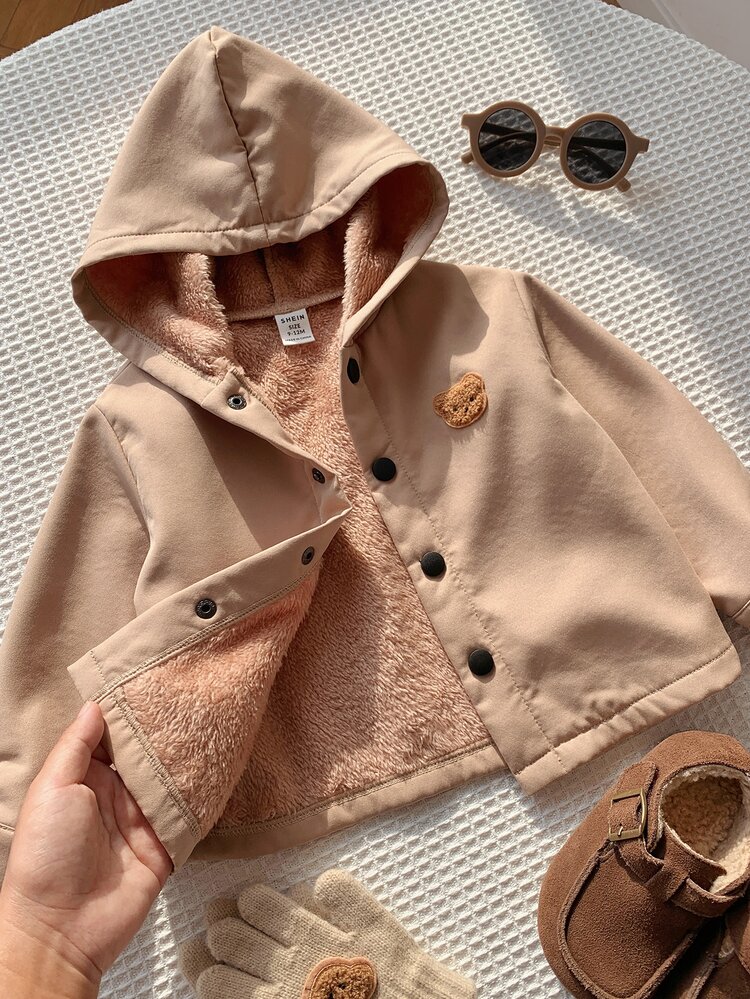 SHEIN Unisex Baby Boy/Girl, Toddler Autumn/Winter Thermal Lined Thick Casual Cute Hooded Jacket Coat, Baby Winter Coat, Padded Coat, Quilted Coat, Fleece - Khaki - View 4