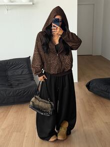 Coolane 女款秋冬外出派對電音節性感街頭風 Y2K 時尚棕色豹紋拉鍊連帽寬鬆口袋衛衣 秋季服飾 - 棕色 - 查看 3