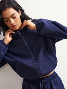 Bohemela Women's Solid Color Zip-Up Long Sleeve Top And Shorts Casual 2 Pieces Set - Navy Blue - View 6