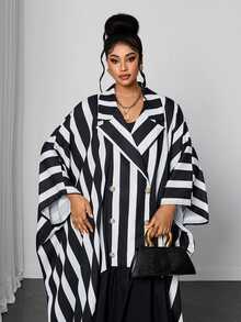 Maweii Plus Size Casual Loose Striped Patchwork Versatile Women's Dress Fall - Black and White - View 2