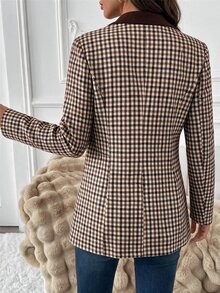 SHEIN Clasi Blazer Kasual Wanita Lengan Panjang Motif Houndstooth dengan Satu Kancing - MultiWarna - View 2