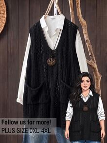 Rusticease Plus Size Women Solid Color V-Neck Casual Daily Knit Vest - Black - View 1