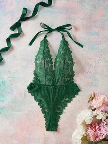 Elorette Women's Lace Sexy Daily Halter Neck Jumpsuit - Dark Green - View 1