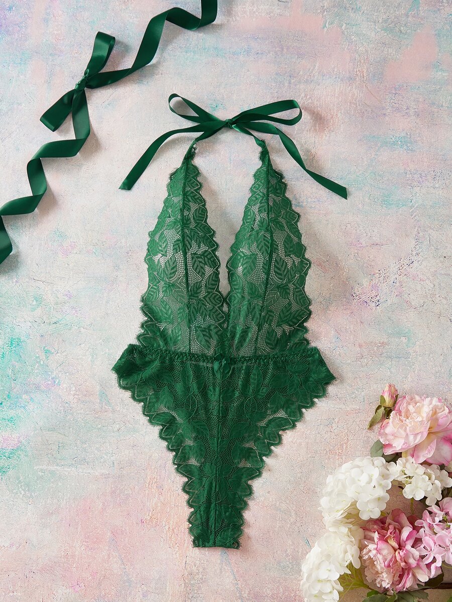 Elorette Women's Lace Sexy Daily Halter Neck Jumpsuit - Dark Green - View 1