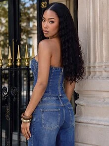 SHEIN BAE Women's Rhinestone Fashion Shaping Tube Denim Top - Blue - View 2
