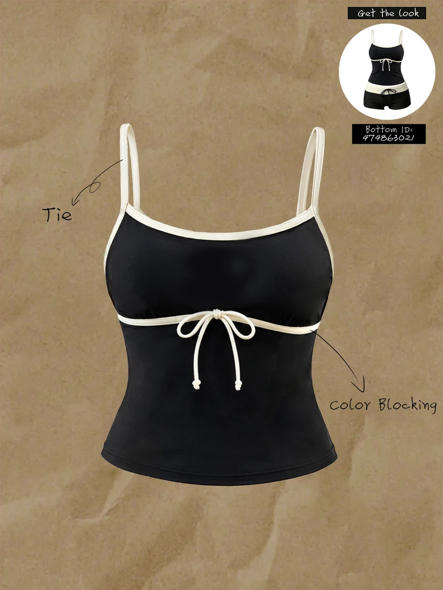 Elavelle Women's Spring/Summer Solid Color Spaghetti Strap Bowknot Bikini Top - Black - View 1