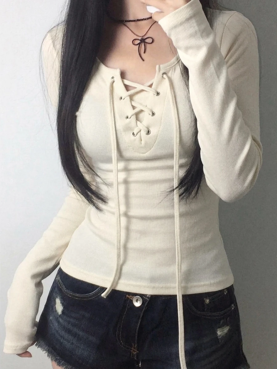DAZY V領長袖灰色前綁帶交叉裹身修身羅紋針織收腰女款T恤 - 白色 - 查看 1