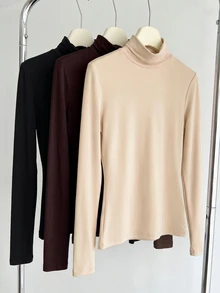 SHEIN BASICS Women's Solid Color Long-Sleeve Mock Neck Casual T-Shirts (3-Pack) - Multicolor - View 5