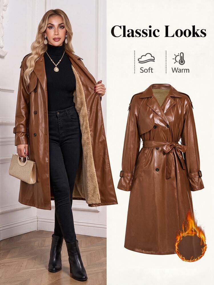 Ellevyn Women's Solid Color Double-Breasted Long Sleeve PU Leather Long Trench Coat - Rust Brown - View 1