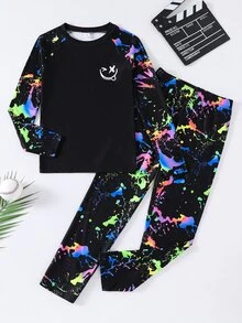 SHEIN 青少年男孩微笑臉印花長袖上衣與長褲休閒日常居家睡衣套裝 - 彩色 - 查看 7