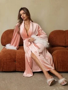 HautHeat Women's Comfortable Romantic Tassel Cuff Loungewear Robe - Pink - View 1