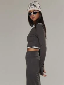 Musera Sport Contrast Colour Piped Double Layered Long Sleeve Coord Top Active Outdoors Workout Gym Terra Peak - Black and White - View 4