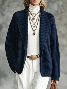 SHEIN Waterfall Collar Drop Shoulder Cardigan - Navy Blue - View 7