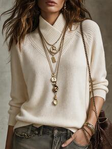 Penseblé Women's Solid Color Raglan Long Sleeve Casual Loose Sweater - Apricot - View 3